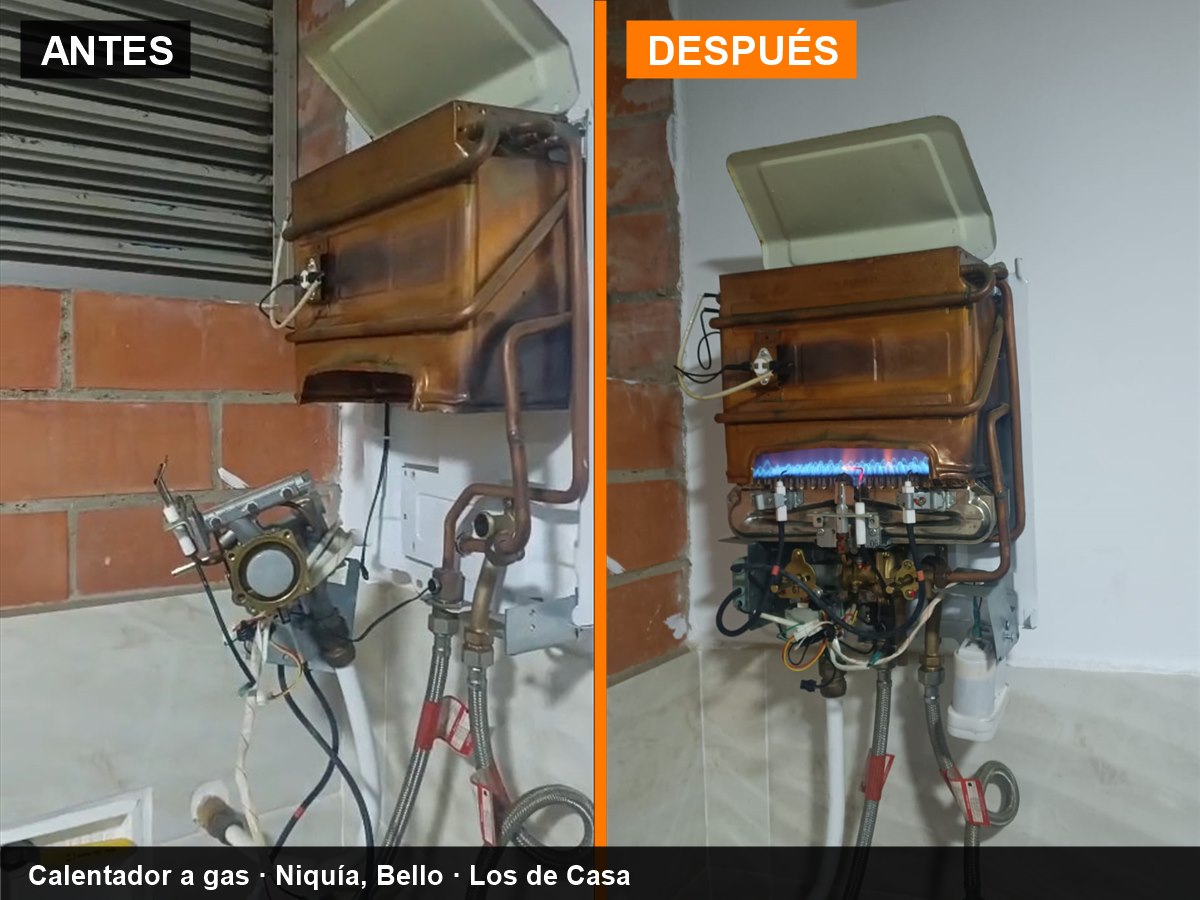 Antes y después: calentador a gas Challenger con reparación del sistema hidráulico en Niquía, Bello